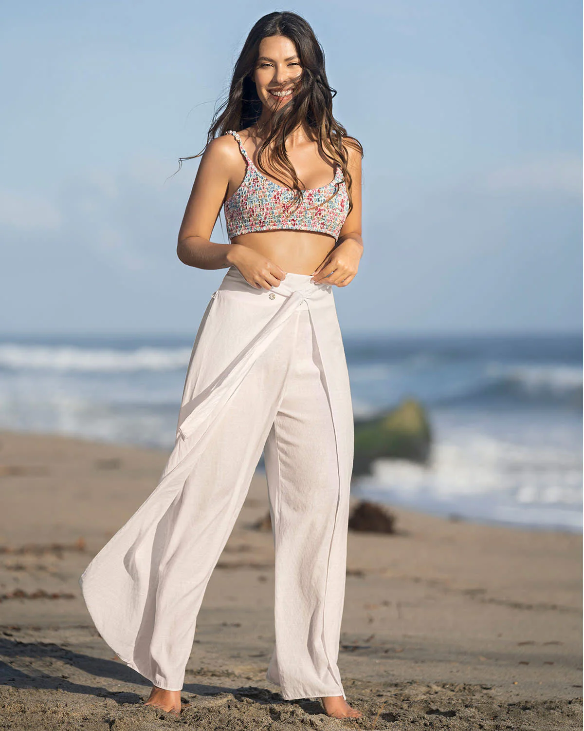 Pantalón playero tipo gaza anudable en el frente en algodón orgánico y rayón - Image 3
